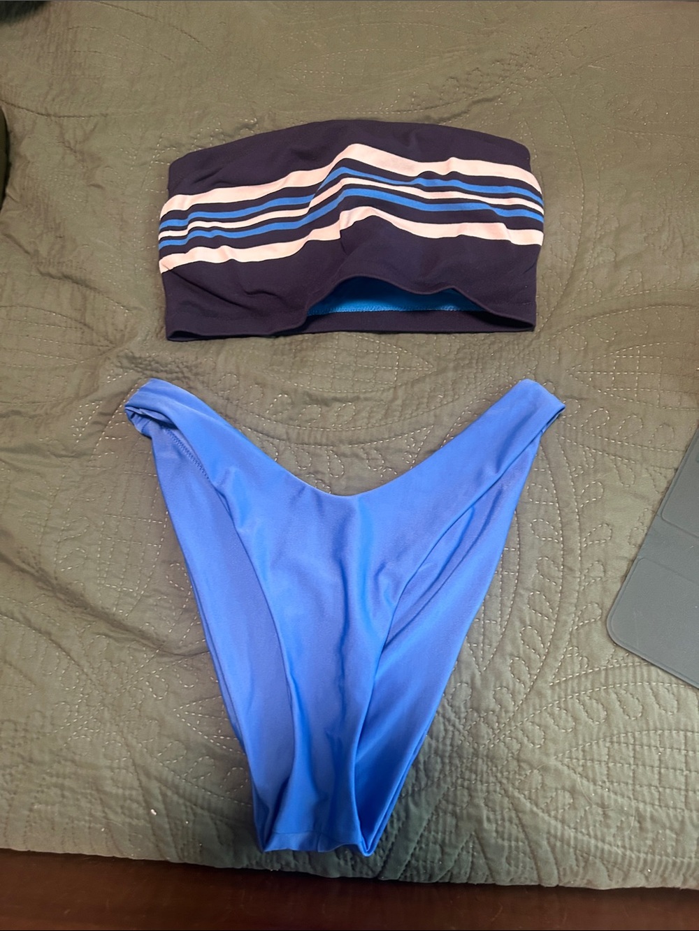 aerie Navy Bandeau Top with Blue Striped Detail & Bright Blue Bikini Bottoms